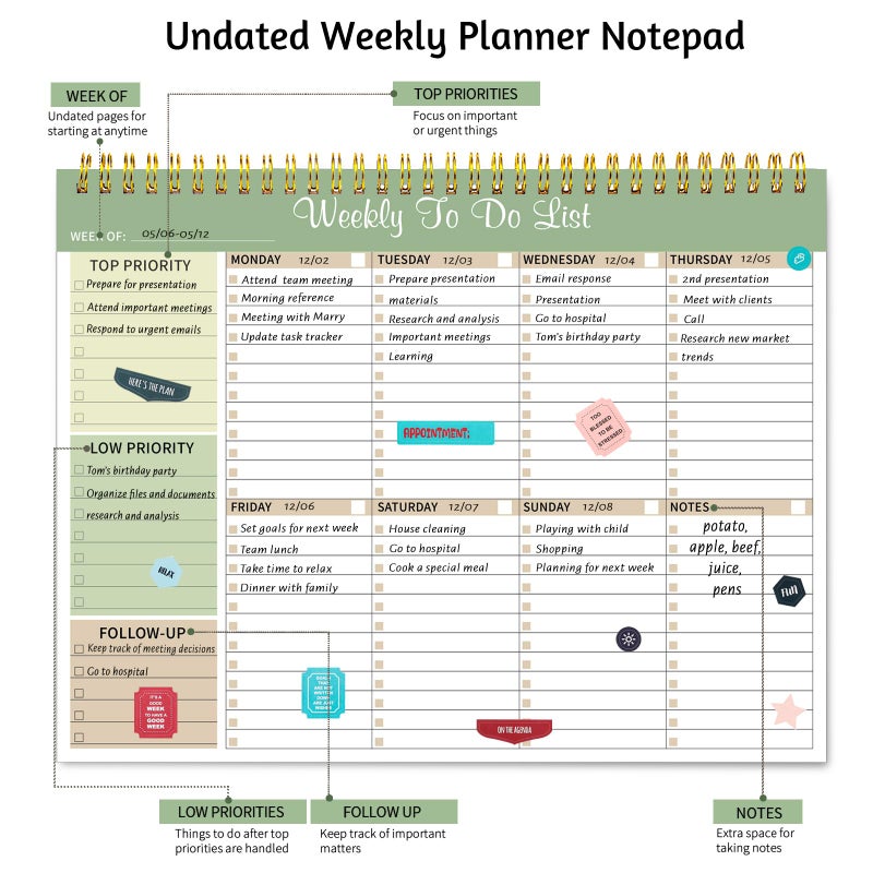 مفكرة قائمة المهام الأسبوعية، مقاس 8.5 × 11 بوصة، مخطط مكتبي أسبوعي مع 52 ورقة قابلة للتمزيق، مخطط أسبوعي غير مؤرخ، متتبع للعادات ومنظم للإنتاجية للمنزل والمدرسة والعمل، أخضر فاتح - Image 2